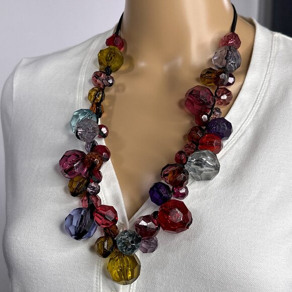 Multicolor Faux Gems Necklace Black Satin Ribbon‎ Tie In The Back - Picture 1 of 13